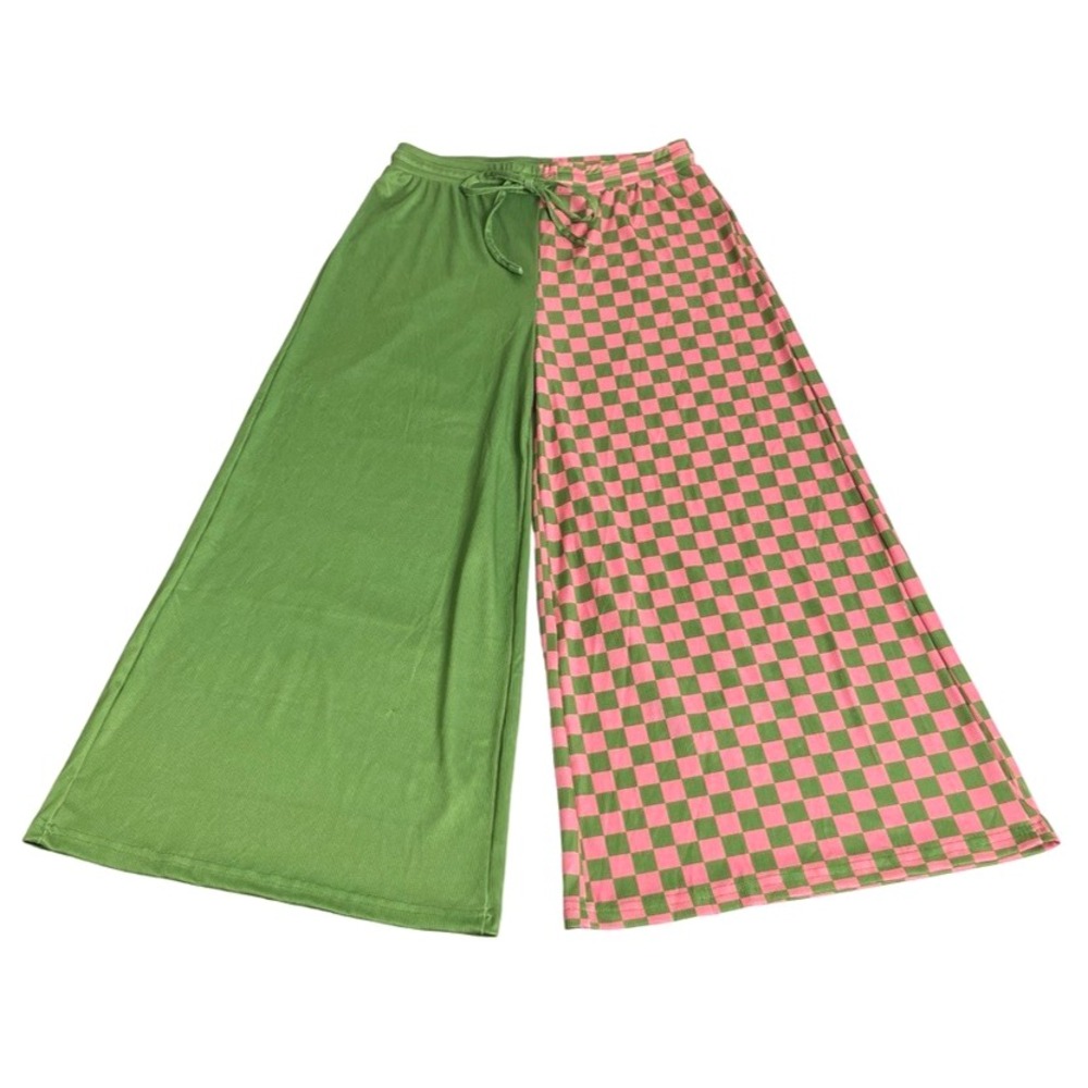 Emy Ave Burnt Toast Wide Leg Pants S/M Pink Green Check Half Dopamine Streetwear